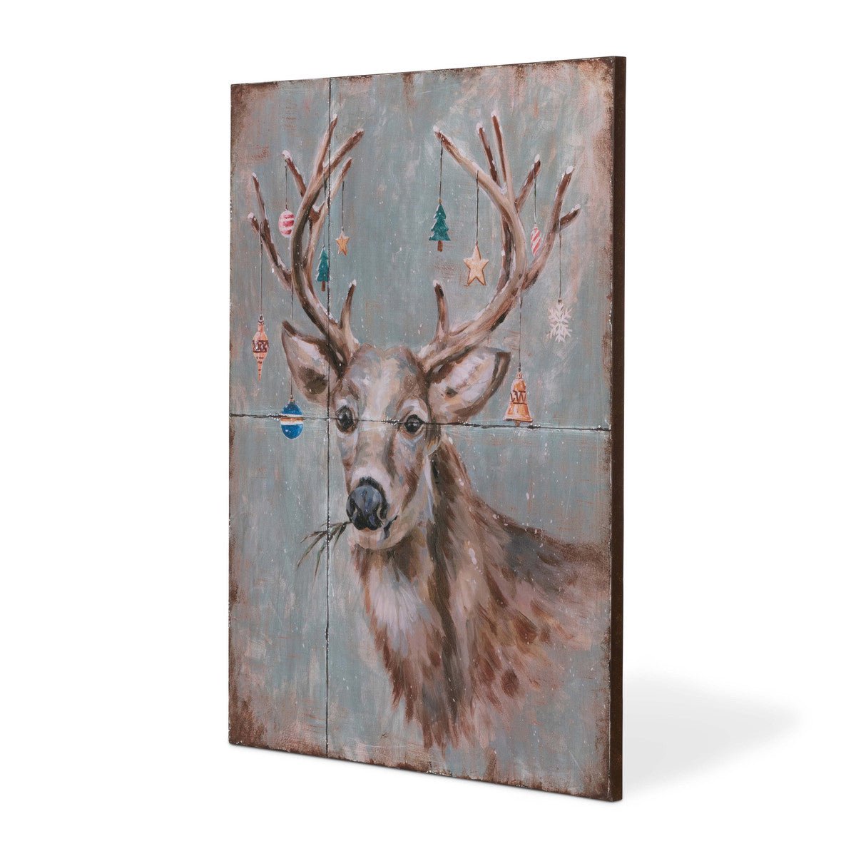 Park Hill Festive Deer Iron Plaque - Christmas Deer with Ornament Antlers - 28"L x 0.75"W x 34"H