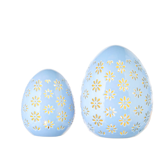 RAZ Imports 5" and 7" Pastel Blue Lighted Porcelain Spring Easter Eggs, Set of 2