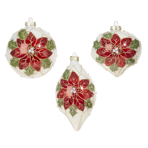 RAZ Imports 4" Poinsettia Pearl Gold Trimmed Glass Christmas Ornaments, Set of 3