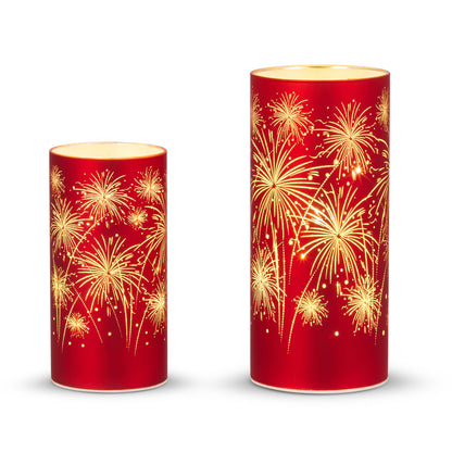 RAZ Imports Americana Patriotic Fireworks Red Glass Lanterns, Battery Powered with Timers, Set of 2