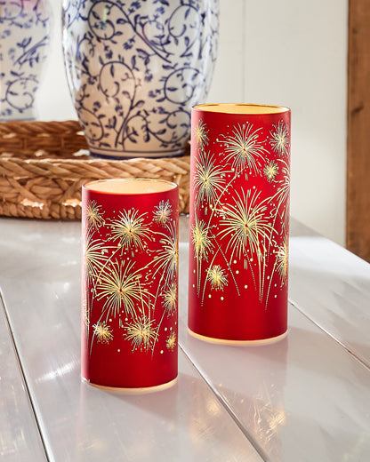 RAZ Imports Americana Patriotic Fireworks Red Glass Lanterns, Battery Powered with Timers, Set of 2