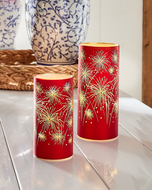 RAZ Imports Americana 8" and 6" Patriotic Fireworks Red Glass LED Lighted Lanterns, Battery Powered with Timers, Set of 2