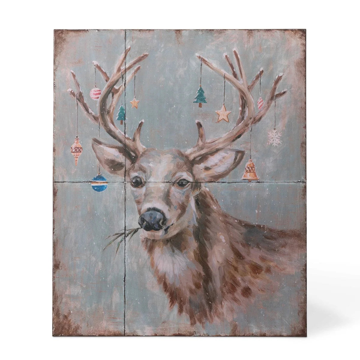 Park Hill Festive Deer Iron Plaque - Christmas Deer with Ornament Antlers - 28"L x 0.75"W x 34"H