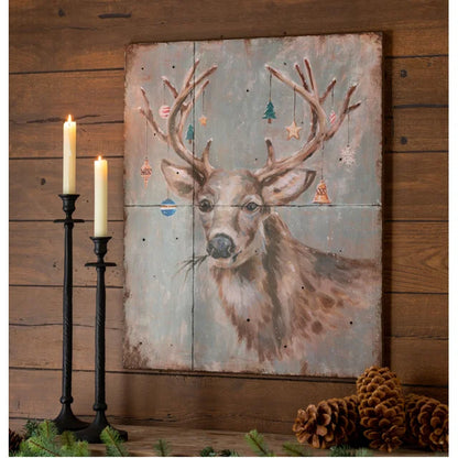 Park Hill Festive Deer Iron Plaque - Christmas Deer with Ornament Antlers - 28"L x 0.75"W x 34"H