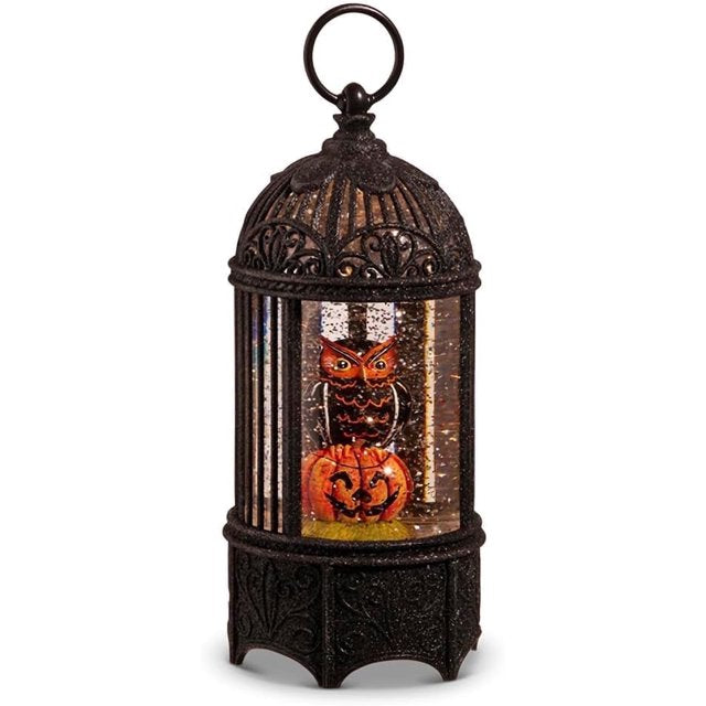 RAZ Imports 10" Lighted Halloween Water Glitter Lantern Owl and m Pumpkin - Includes USB Cord