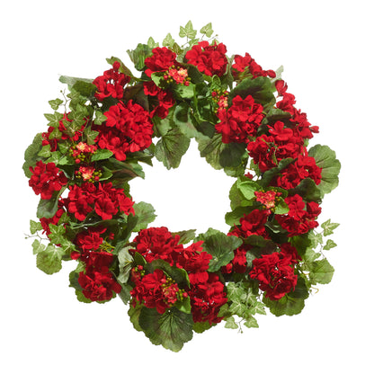 RAZ Imports 24" Red Geranium Flower and Kalanchoe Wreath