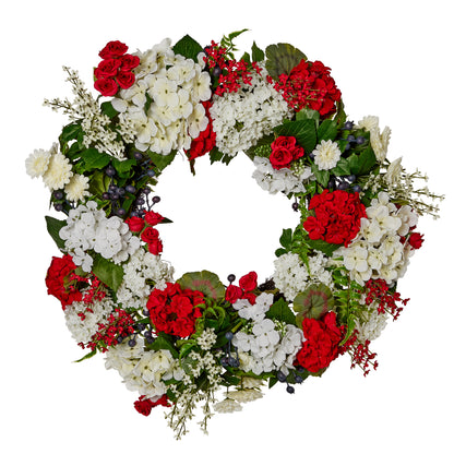 RAZ Imports Americana 24" Red and White Geranium Wreath with Blue Berries