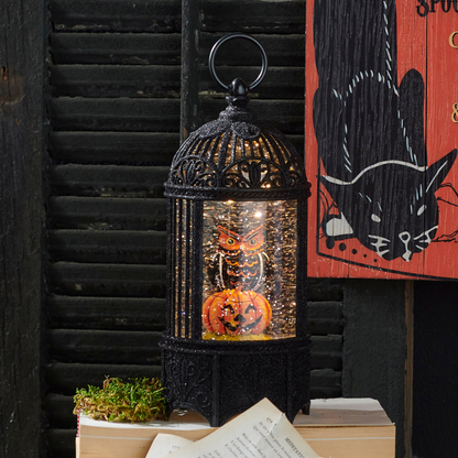 RAZ Imports 10" Lighted Halloween Water Glitter Lantern Owl and m Pumpkin - Includes USB Cord