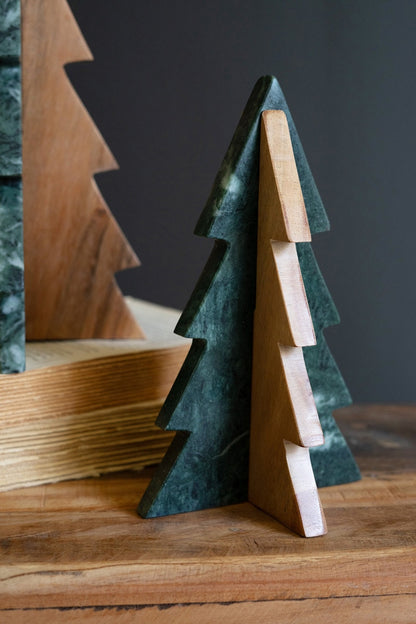 Kalalou Green Marble and Acacia 10" & 8.5" Wood Tabletop Christmas Trees