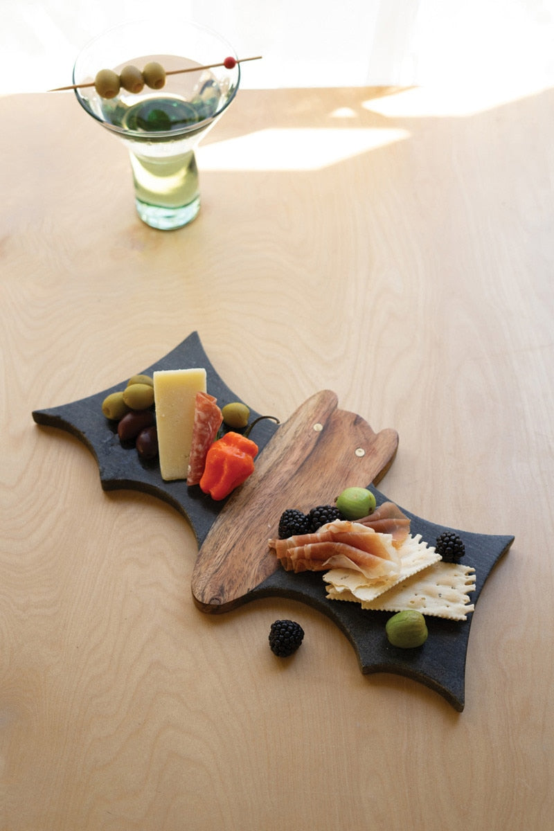 Kalalou Black Marble and Acacia Wood Halloween Bat Cheese Board