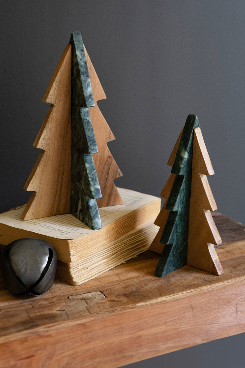 Kalalou Green Marble and Acacia 10" & 8.5" Wood Tabletop Christmas Trees