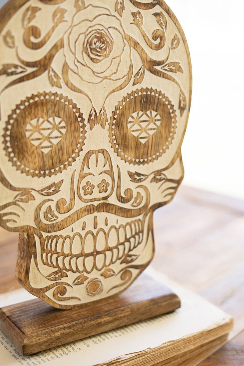 Kalalou Carved Wooden Halloween Dia De Los Muertos Tabletop Skull