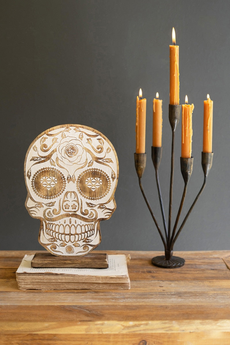 Kalalou Carved Wooden Halloween Dia De Los Muertos Tabletop Skull