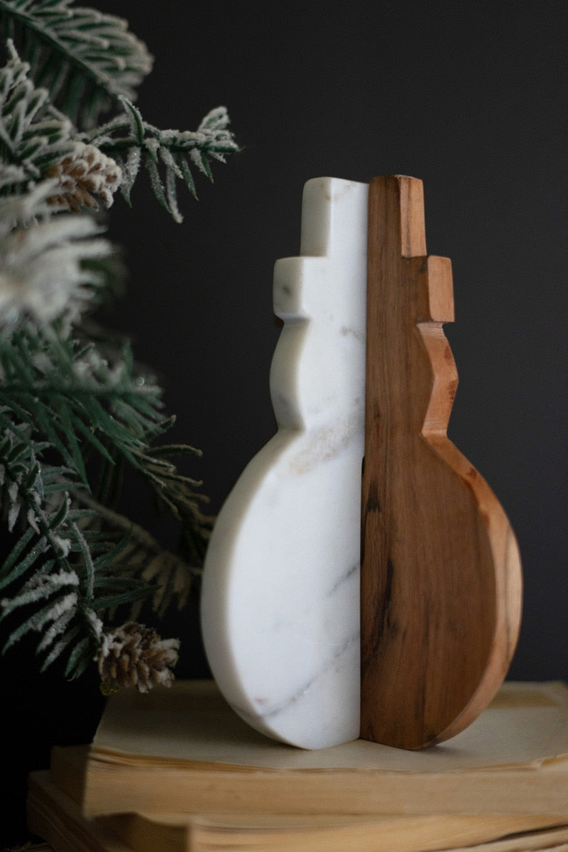 White Marble and Acacia Wood 8" Tabletop Snowman