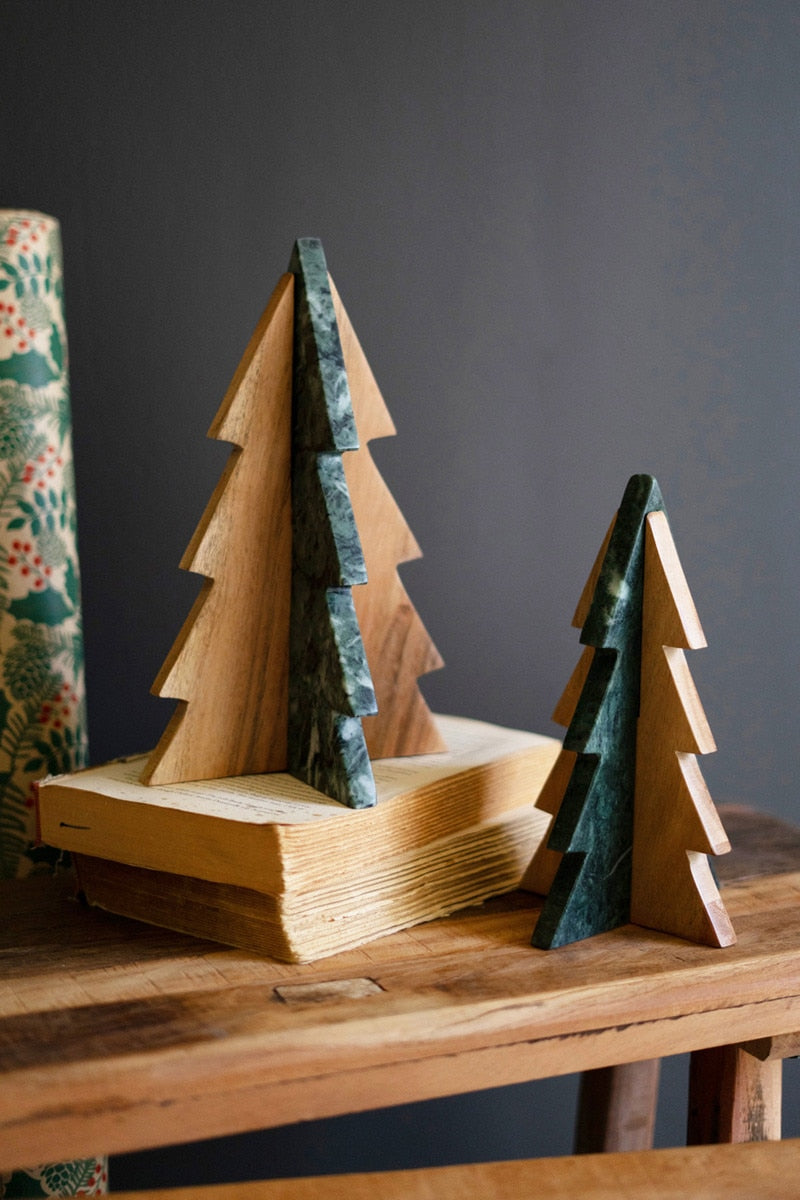 Kalalou Green Marble and Acacia 10" & 8.5" Wood Tabletop Christmas Trees