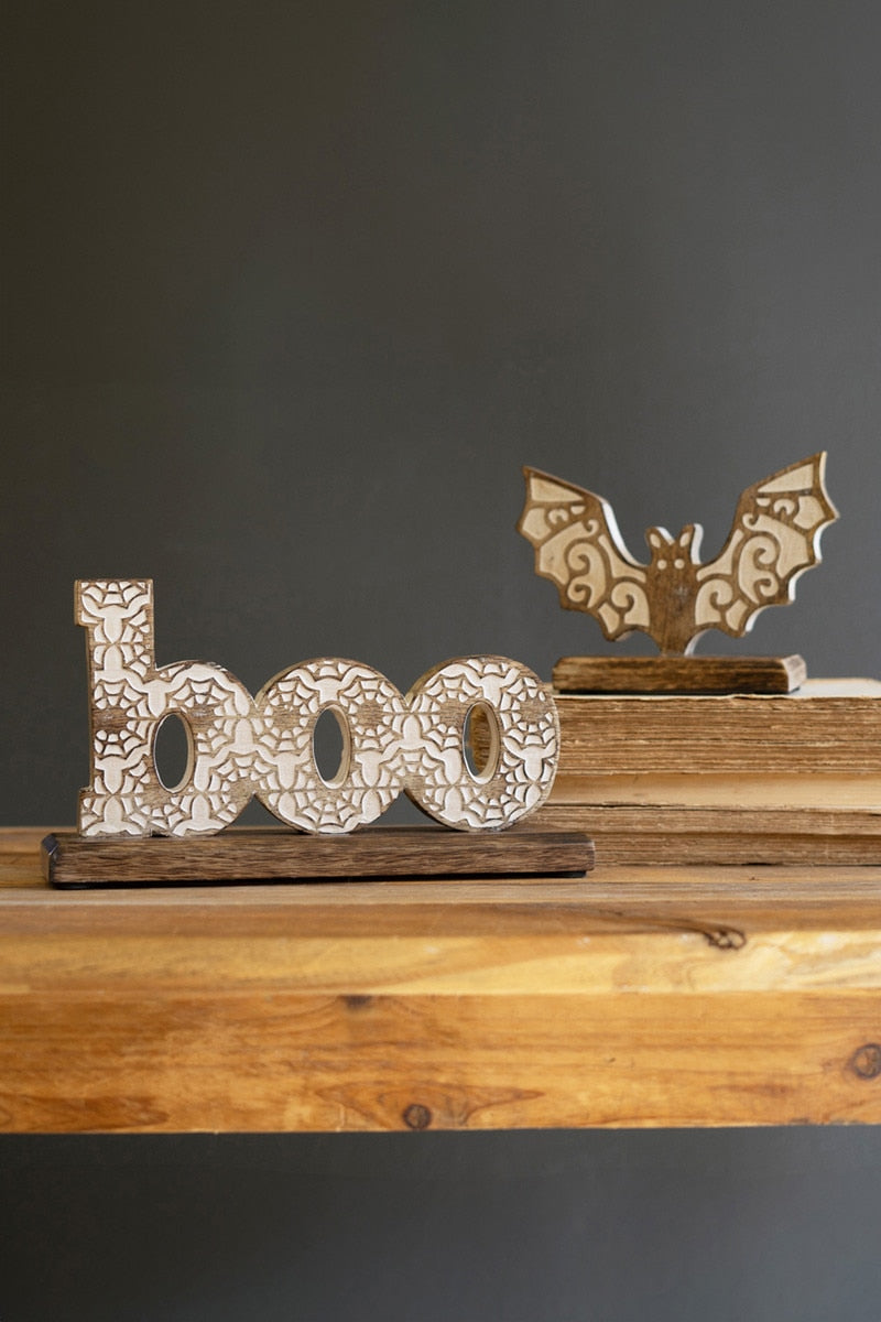 Kalalou Carved Wooden Halloween Tabletop Boo and Bat, Set of 2