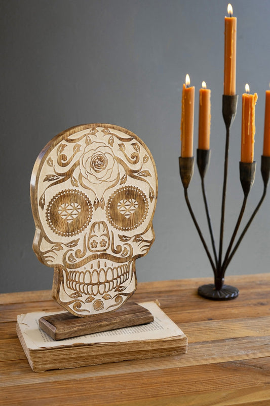 Kalalou Carved Wooden Halloween Dia De Los Muertos Tabletop Skull