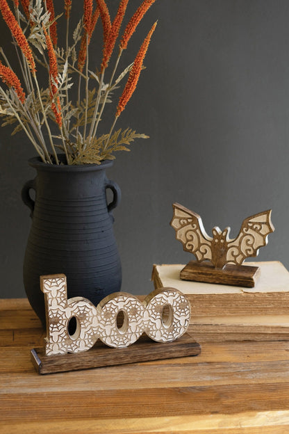 Kalalou Carved Wooden Halloween Tabletop Boo and Bat, Set of 2